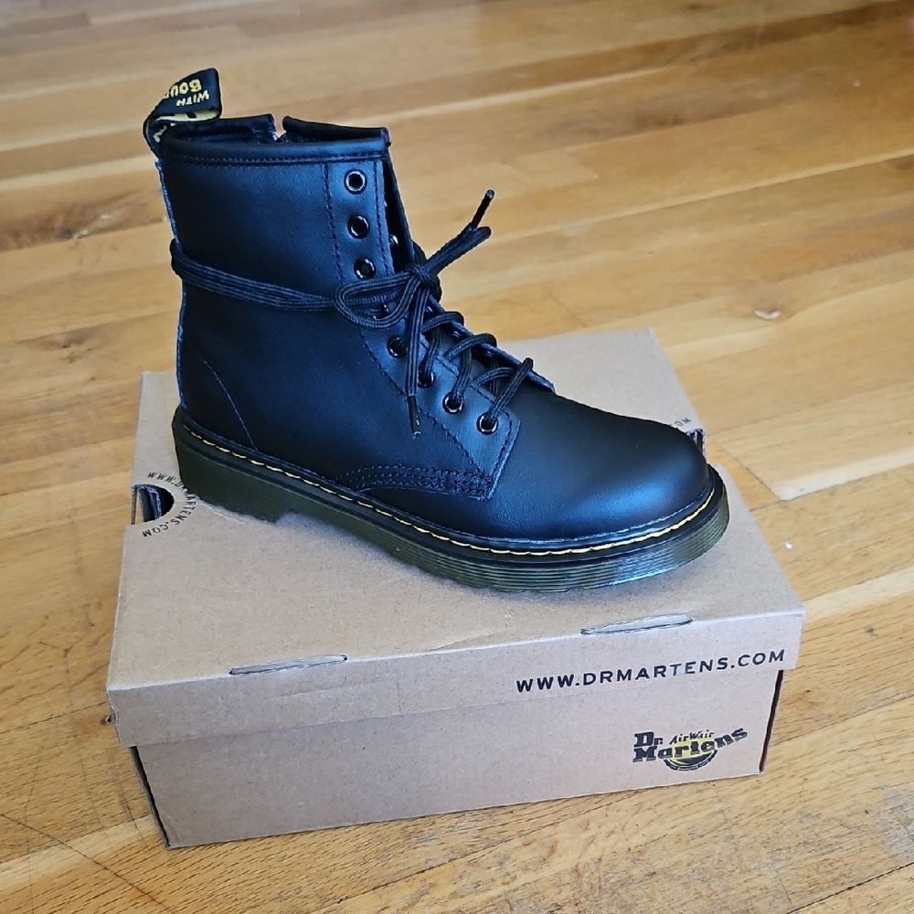 Dr. Martens Kids Black Leather 8-Eye Lace-Up Boot with Yellow Stitching